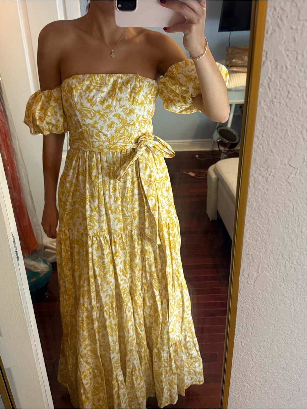 Aqua Yellow Floral Off-Shoulder Maxi Dress with Tie Waist - Picture 1 of 6